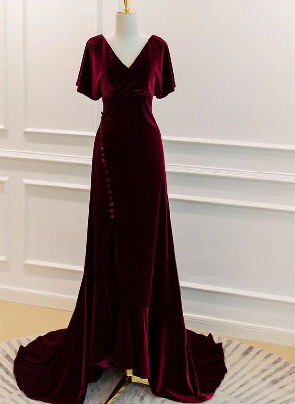 Wine Red Velvet Long Wedding Party Dress with Leg Slit, Wine Red Formal Dress Pleated Skirt Elegant Wine Red Velvet Long Wedding Party Dress with Leg Slit, Wine Red Formal Dress Pleated Skirt Elegant