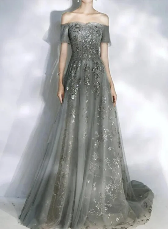 Grey Off Shoulder Lace and Tulle Long Evening Dresses Party Dresses, Off Shoulder Prom Dresses Cowl Neckline Elegant Grey Off Shoulder Lace and Tulle Long Evening Dresses Party Dresses, Off Shoulder Prom Dresses Cowl Neckline Elegant