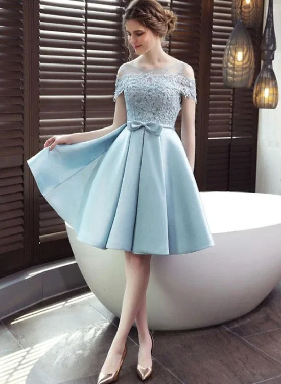 Light Blue Satin Lace Top Off Shoulder Homecoming Dress, Blue Prom Dress Party Dress Tunics Yoga stretchy Light Blue Satin Lace Top Off Shoulder Homecoming Dress, Blue Prom Dress Party Dress Tunics Yoga stretchy