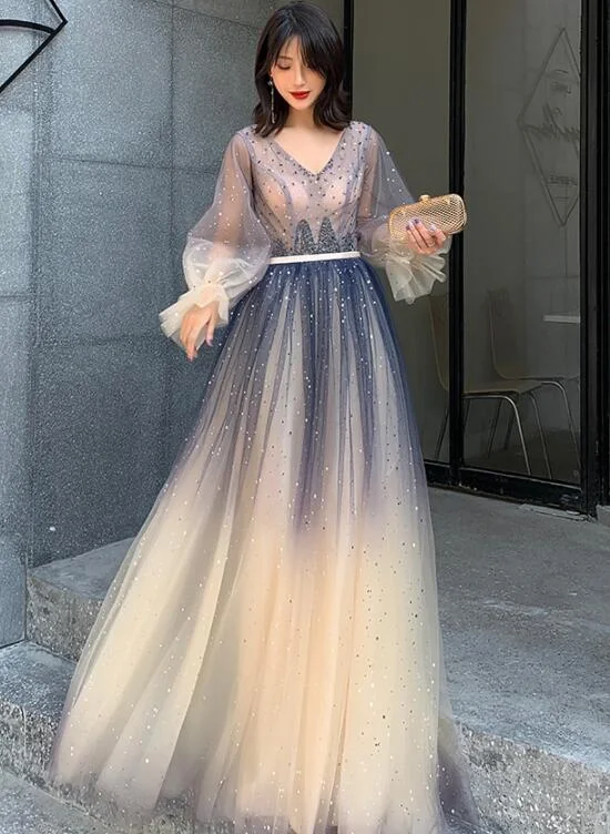 Beautiful V-neckline Long Puffy Sleeves Gradient Party Dress, Long Shiny Prom Dress Formal Dresses Mermaid Tail Wedding Beautiful V-neckline Long Puffy Sleeves Gradient Party Dress, Long Shiny Prom Dress Formal Dresses Mermaid Tail Wedding