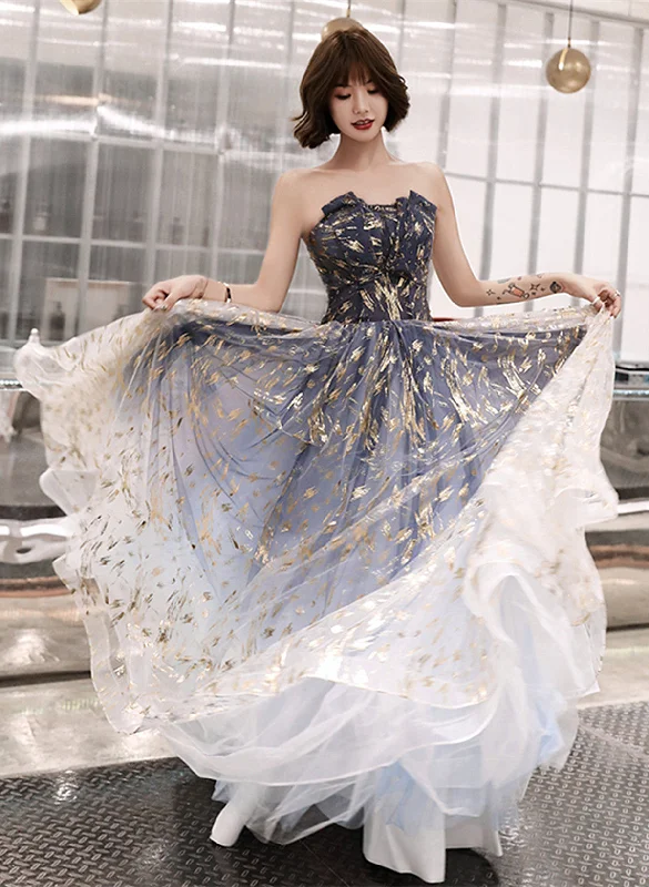 A-line Blue Tulle Long Party Dress with Lace-up, Blue Evening Dress Prom Dress Tunics Vintage classic