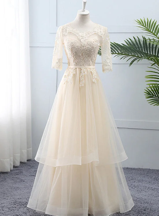 Light Champagne Tulle Lace Short Sleeves Wedding Party Dress, A-line Long Formal Dress Prom Dress Tunics Versatile functional Light Champagne Tulle Lace Short Sleeves Wedding Party Dress, A-line Long Formal Dress Prom Dress Tunics Versatile functional