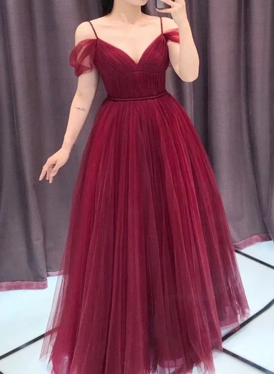 Wine Red Straps Off Shoulder A-line Tulle Evening Dress Party Dress, Dark Red Prom Dress Formal Gown Tunics Spring floral Wine Red Straps Off Shoulder A-line Tulle Evening Dress Party Dress, Dark Red Prom Dress Formal Gown Tunics Spring floral