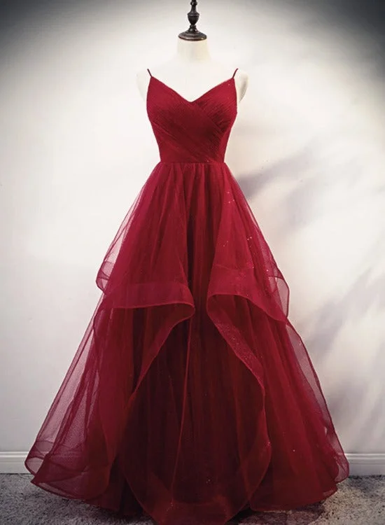 Beautiful Wine Red V-neckline Straps Long Tulle Party Dress, Long New Prom Dresses Glittery Long Formal Beautiful Wine Red V-neckline Straps Long Tulle Party Dress, Long New Prom Dresses Glittery Long Formal