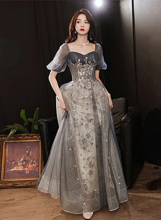 Elegant A-line  Grey Tulle Short Sleeves Long Party Dress, Grey Evening Dress Tunics Formal black