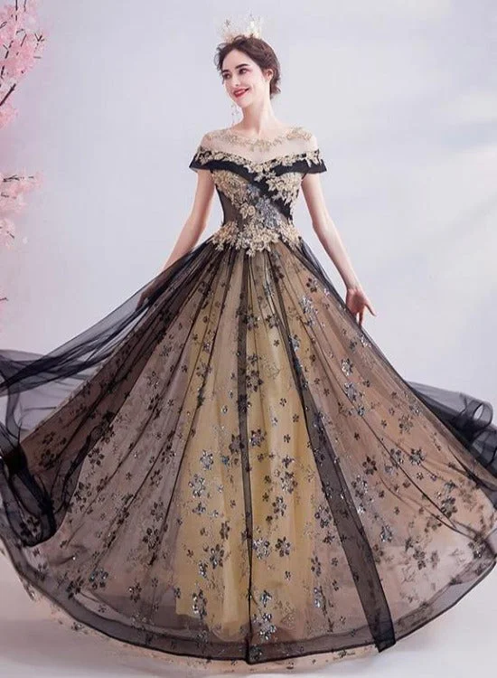 Black and Golden Tulle Long Round Neckline Cap Sleeves Party Dress, Black Formal Dress Crew Neckline Sporty Black and Golden Tulle Long Round Neckline Cap Sleeves Party Dress, Black Formal Dress Crew Neckline Sporty