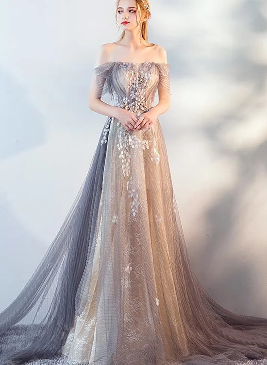A-line Tulle and Lace Off Shoulder Long Party Dress, Unique Style New Prom Dress Evening Dress Tunics Luxurious premium A-line Tulle and Lace Off Shoulder Long Party Dress, Unique Style New Prom Dress Evening Dress Tunics Luxurious premium