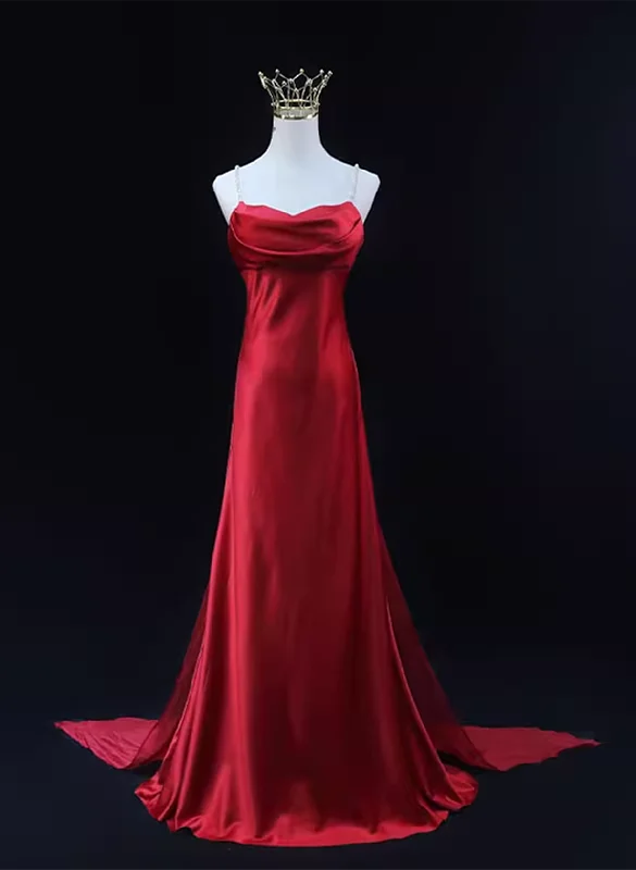 Red Soft Satin Long Party Dress Evening Dress, Red A-line Formal Dress Tunics Print Colorful