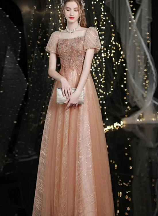 Lovey Tulle Short Sleeves Shiny Tulle Long Prom Party Dress, A-line Floor Length Formal Dresses Pleated Skirt Elegant