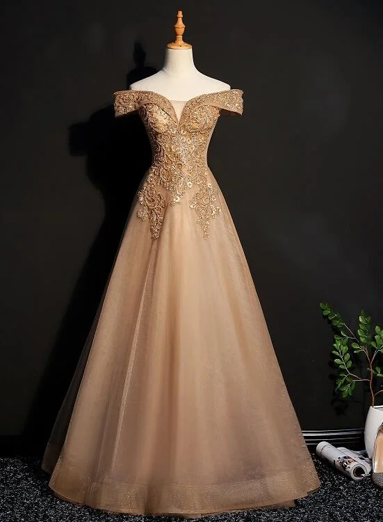 Champagne Tulle Off Shoulder Lace Applique Party Dress, A-line Floor Length Long Evening Dress Tunics Review highly Champagne Tulle Off Shoulder Lace Applique Party Dress, A-line Floor Length Long Evening Dress Tunics Review highly