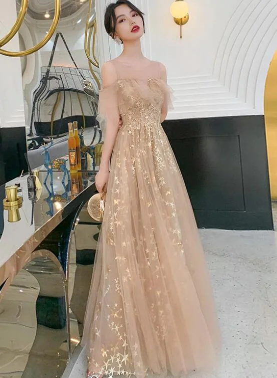 Champagne Tulle Long Party Dress Formal Dress, A-line Off Shoulder Prom Dress Tunics Luxurious high-end Champagne Tulle Long Party Dress Formal Dress, A-line Off Shoulder Prom Dress Tunics Luxurious high-end