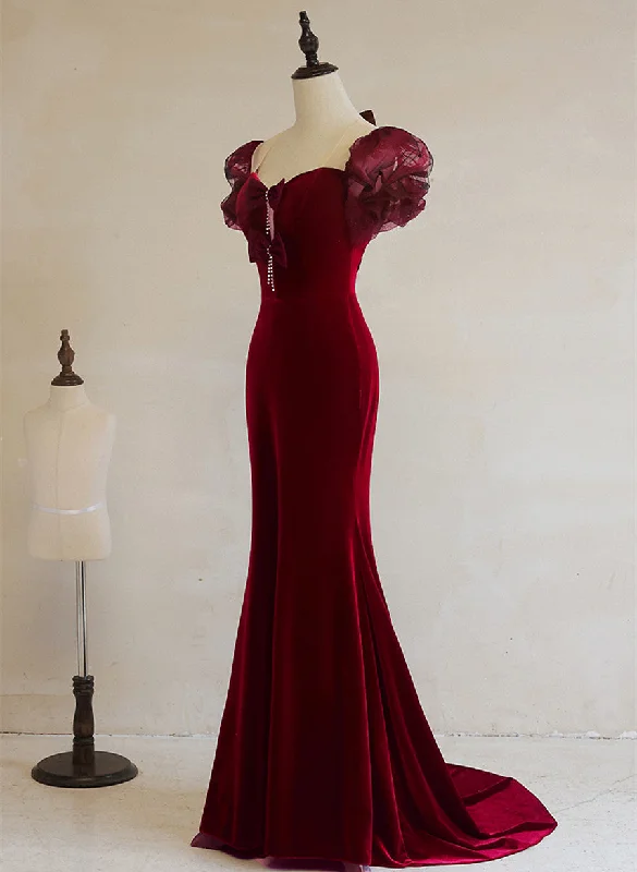 Wine Red Mermaid Long Party Dress with Bow, Wine Red Evening Dress Prom Dress Tunics Hiking breathable Wine Red Mermaid Long Party Dress with Bow, Wine Red Evening Dress Prom Dress Tunics Hiking breathable