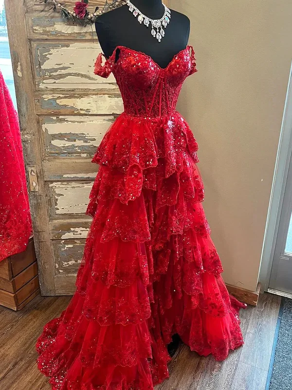 Red Sweetheart Tulle Off Shoulder Layers Long Party Dress, A-line Red Tulle Prom Dress Tunics Chic fashionable Red Sweetheart Tulle Off Shoulder Layers Long Party Dress, A-line Red Tulle Prom Dress Tunics Chic fashionable