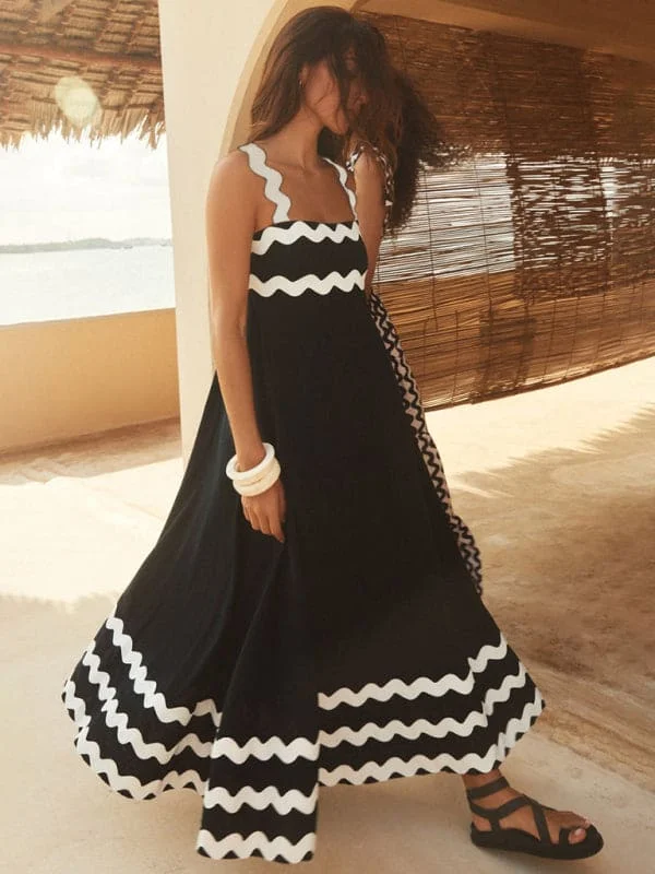 Women's strappy printed wavy edge long dress Tunics Fleece cozy