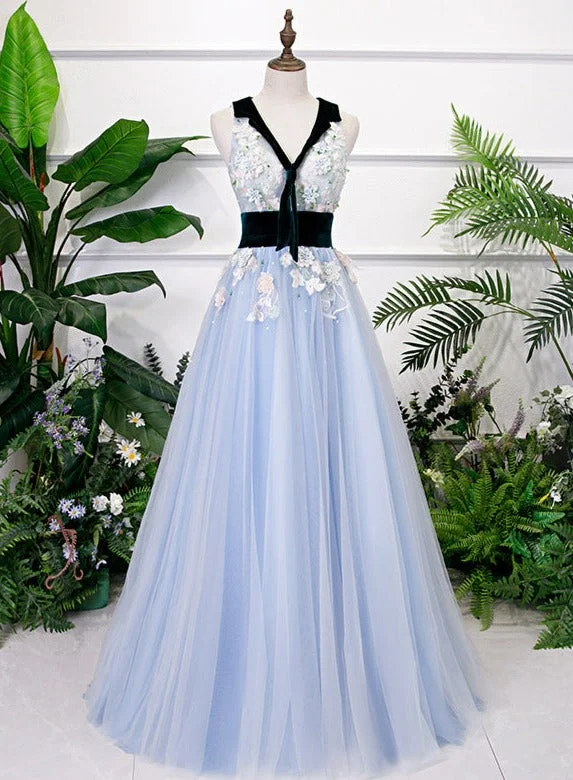Light Blue Tulle with Flowers Lace Long Evening Dress Prom Dress, A-line Party Dresses Tunics Trousers formal Light Blue Tulle with Flowers Lace Long Evening Dress Prom Dress, A-line Party Dresses Tunics Trousers formal