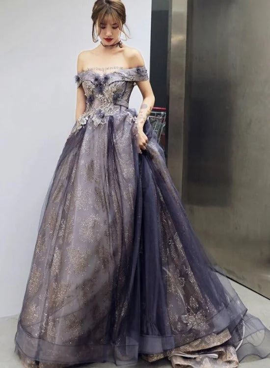Purple Tulle Sweetheart with Flowers Long Formal Gown, A-line Off Shoulder Party Dress Shift Classic Vintage Purple Tulle Sweetheart with Flowers Long Formal Gown, A-line Off Shoulder Party Dress Shift Classic Vintage