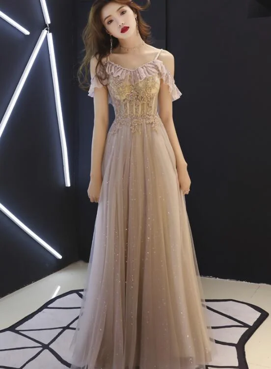 Dark Champagne Off Shoulder Floor Length Party Dress, Straps Junior Prom Dress Crew Neckline Casual Dark Champagne Off Shoulder Floor Length Party Dress, Straps Junior Prom Dress Crew Neckline Casual