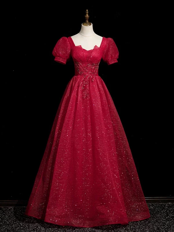 Cute Wine Red Beaded Short Sleevs A-line Party Dress, Wine Red Tulle Long Prom Dress Tunics Running lightweight