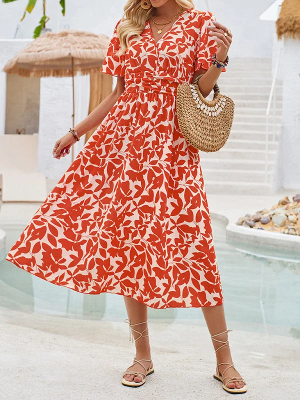 New V-neck short-sleeved waist floral print dress Tunics Mesh breathable