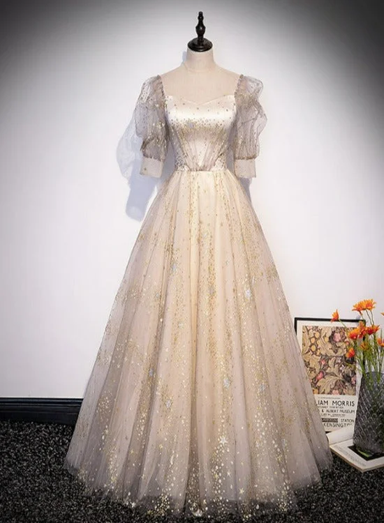 Light Champagne Short Sleeves Tulle Long Formal Dress, A-line Floor Length Party Dresses Turtleneck Warm Winter Light Champagne Short Sleeves Tulle Long Formal Dress, A-line Floor Length Party Dresses Turtleneck Warm Winter