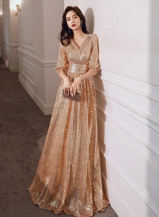Beautiful Golden Sequins V-neckline Long Bridesmaid Dresses, Short Sleeves Party Dresses Tunics Chic elegant Beautiful Golden Sequins V-neckline Long Bridesmaid Dresses, Short Sleeves Party Dresses Tunics Chic elegant