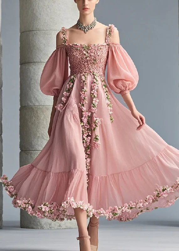 French Pink Cold Shoulder Three-dimensional Floral Chiffon Party Dress Puff Sleeve Cowl Neckline Elegant French Pink Cold Shoulder Three-dimensional Floral Chiffon Party Dress Puff Sleeve Cowl Neckline Elegant