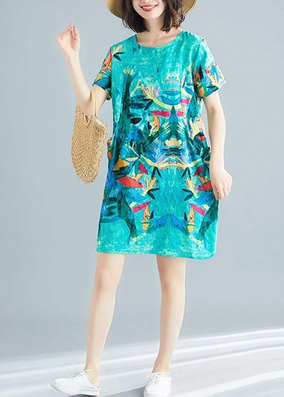 Green Print O-Neck Pockets Summer Short Sleeve Party Dresses Tunics Bridal satin