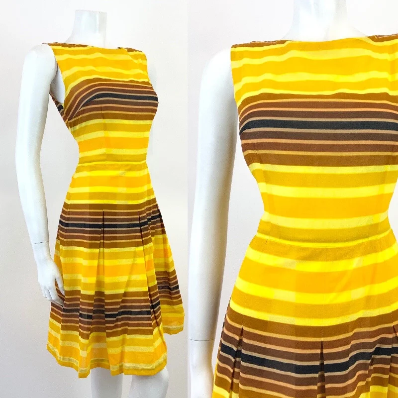 VINTAGE 60s 70s YELLOW BROWN BLACK STRIPED MOD SLEEVELESS SUMMER DRESS 10 Casual Short Summer VINTAGE 60s 70s YELLOW BROWN BLACK STRIPED MOD SLEEVELESS SUMMER DRESS 10 Casual Short Summer