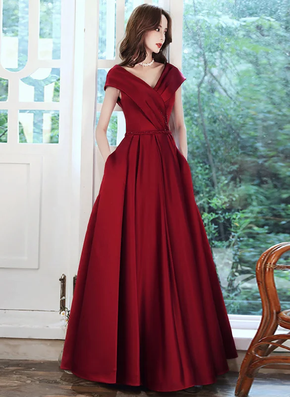 Wine Red Satin V-neckline Floor Length Party Dress, Wine Red Satin Prom Dress Mermaid Tail Wedding Wine Red Satin V-neckline Floor Length Party Dress, Wine Red Satin Prom Dress Mermaid Tail Wedding