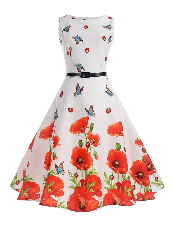 50s Floral Print Belted Dress Tunics Summer linen