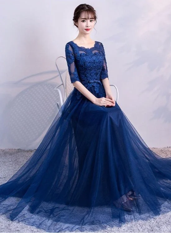 Navy Blue Lace and Tulle Lovely Round Neckline Party Dress, A-line Blue Prom Dress Bridesmaid Dress Glittery Long Formal Navy Blue Lace and Tulle Lovely Round Neckline Party Dress, A-line Blue Prom Dress Bridesmaid Dress Glittery Long Formal