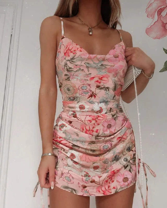 Floral Print Drawstring Ruched Dress Tunics Office stylish