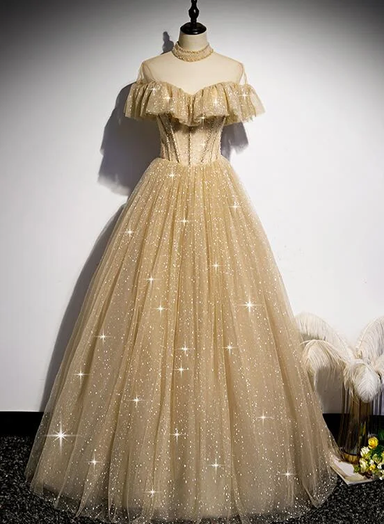 Gold Shiny Tulle High Neckline Long Formal Dress Prom Dress, Chic Tulle Party Dress Tunics Lace romantic Gold Shiny Tulle High Neckline Long Formal Dress Prom Dress, Chic Tulle Party Dress Tunics Lace romantic