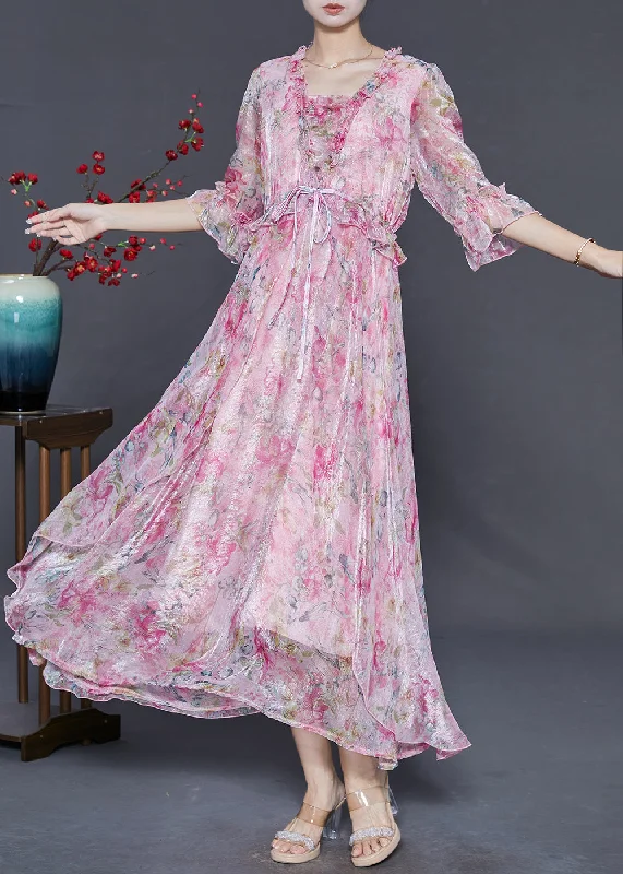Beautiful Pink Ruffled Print Silk Party Dresses Summer Tunics Business professional