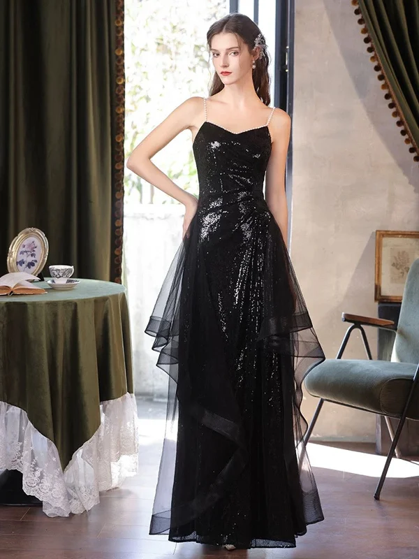 Black Sequins A-line Beaded Long Party Dress with Leg Slit, Black Sequins Prom Dress Tunics Business professional Black Sequins A-line Beaded Long Party Dress with Leg Slit, Black Sequins Prom Dress Tunics Business professional