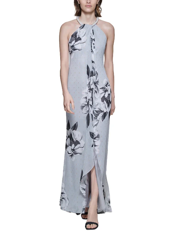 Womens Metallic Embroidered Evening Dress Maxi Flowy Bohemian