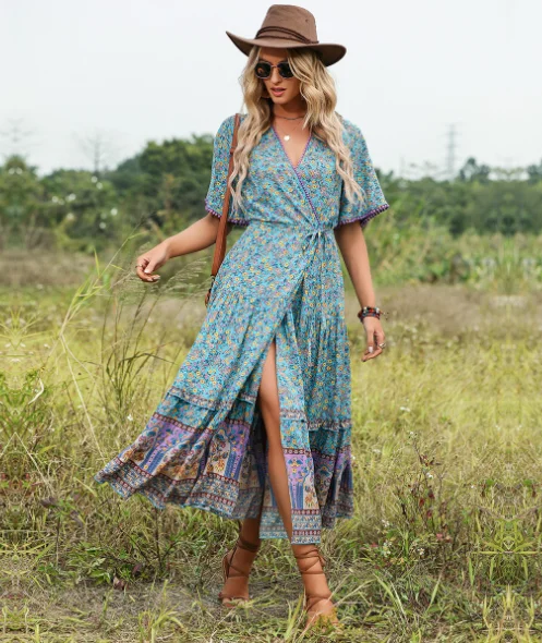 Bohemian pendulum V-neck beach holiday lace-up printed dress Tunics Handmade artisanal