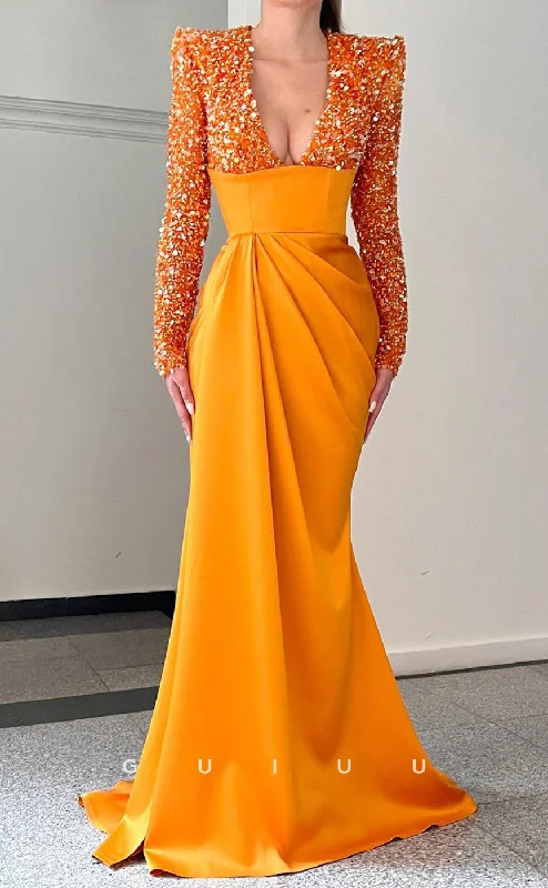 G2654 - Chic & Modern Sequins V-Neck Satin Long Sleeves Prom Evening Party Dress Cowl Neckline Elegant G2654 - Chic & Modern Sequins V-Neck Satin Long Sleeves Prom Evening Party Dress Cowl Neckline Elegant