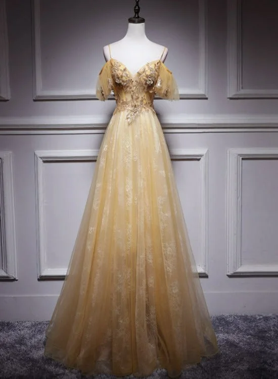 Champagne Lace Off Shoulder Long Party Dress 2022, Cute Tulle Formal Dress Prom Dress Halter Neckline Beach Champagne Lace Off Shoulder Long Party Dress 2022, Cute Tulle Formal Dress Prom Dress Halter Neckline Beach
