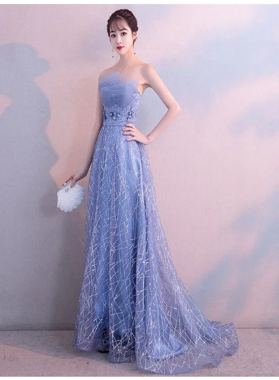 Beautiful Blue-Grey Tulle A-line Long Evening Dress with Beadings, Long Party Dress Tunics Denim casual Beautiful Blue-Grey Tulle A-line Long Evening Dress with Beadings, Long Party Dress Tunics Denim casual