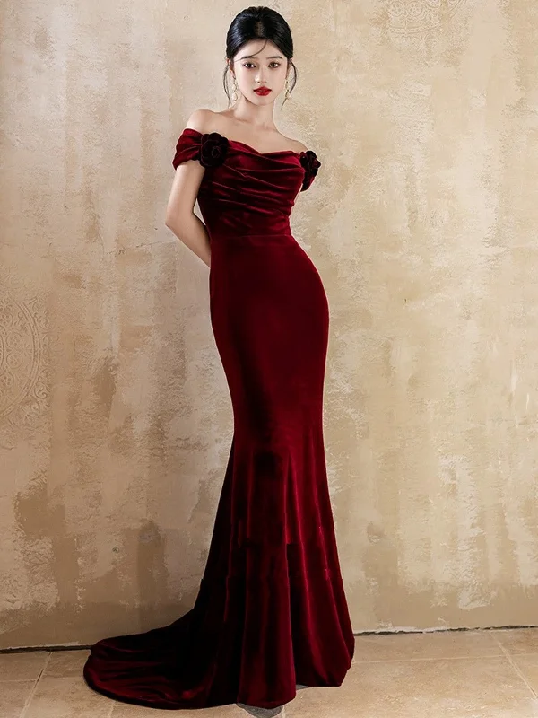 Lovely Velvet Mermaid Off Shoulder Long Prom Dress, Wine Red Wedding Party Dress Tunics Chic fashionable