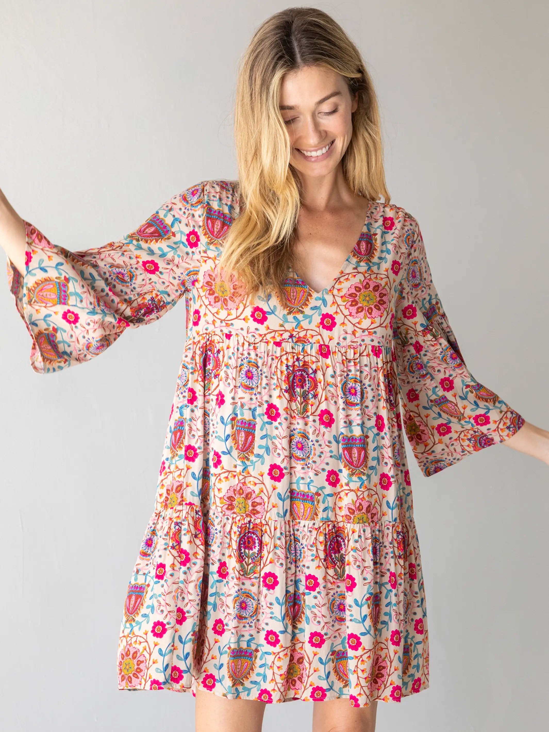Charlotte Dress - Pink Folk Floral Tunics Luxurious high-end