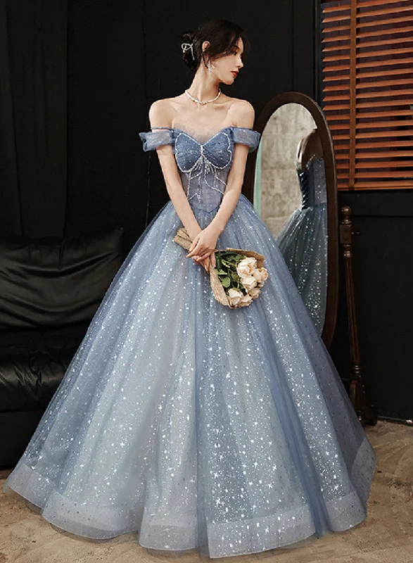 Blue Tulle Sweetheart Beaded Long Formal Evening Dress, A-line Tulle Party Dresses Tunics Versatile functional Blue Tulle Sweetheart Beaded Long Formal Evening Dress, A-line Tulle Party Dresses Tunics Versatile functional