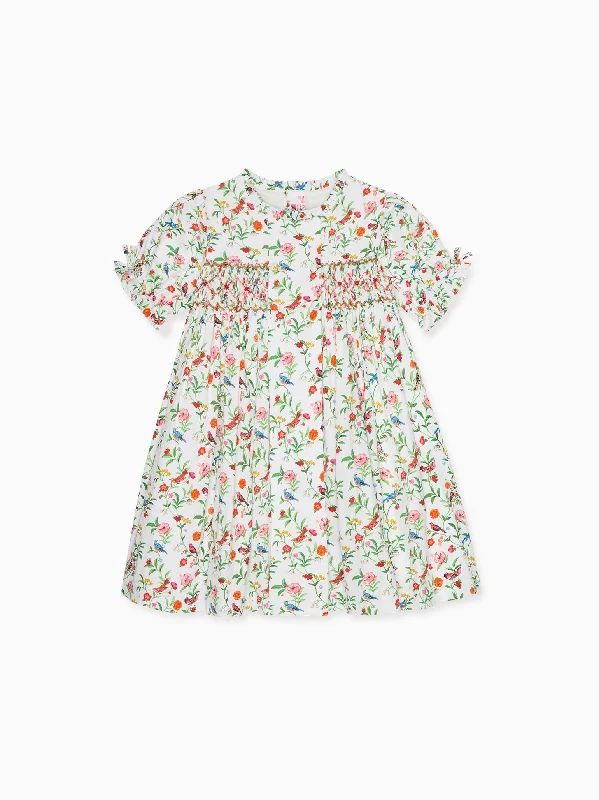 Ivory Bird Floral Carla Girl Hand-Smocked Dress Off-the-shoulder Chic Trendy