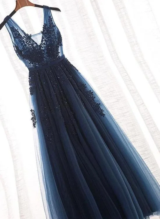 Charming Navy Blue Beaded Lace Long Party Dress, A-line Prom Dress Turtleneck Neckline Stylish Charming Navy Blue Beaded Lace Long Party Dress, A-line Prom Dress Turtleneck Neckline Stylish