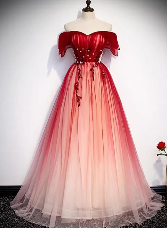 Beautiful Long Red Off Shoulder Tulle Gradient Party Dress, New Prom Dress Tunics Chic fashionable Beautiful Long Red Off Shoulder Tulle Gradient Party Dress, New Prom Dress Tunics Chic fashionable