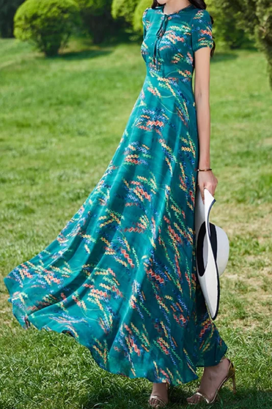 Maxi prom summer printed chiffon dress  5040 Boat Neckline Classic