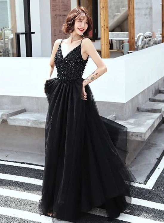 Black V-neckline Beaded Straps Tulle Long Slit Formal Dress, Black Prom Dress Party Dress Halter Neckline Beach Black V-neckline Beaded Straps Tulle Long Slit Formal Dress, Black Prom Dress Party Dress Halter Neckline Beach