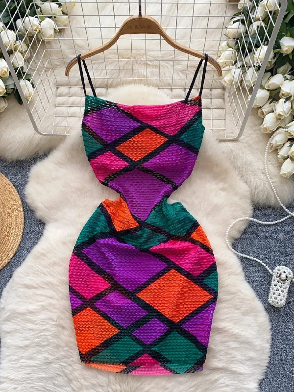Halter Neck Vibrant Bold Geometric Pattern Dress Cowl Neckline Elegant