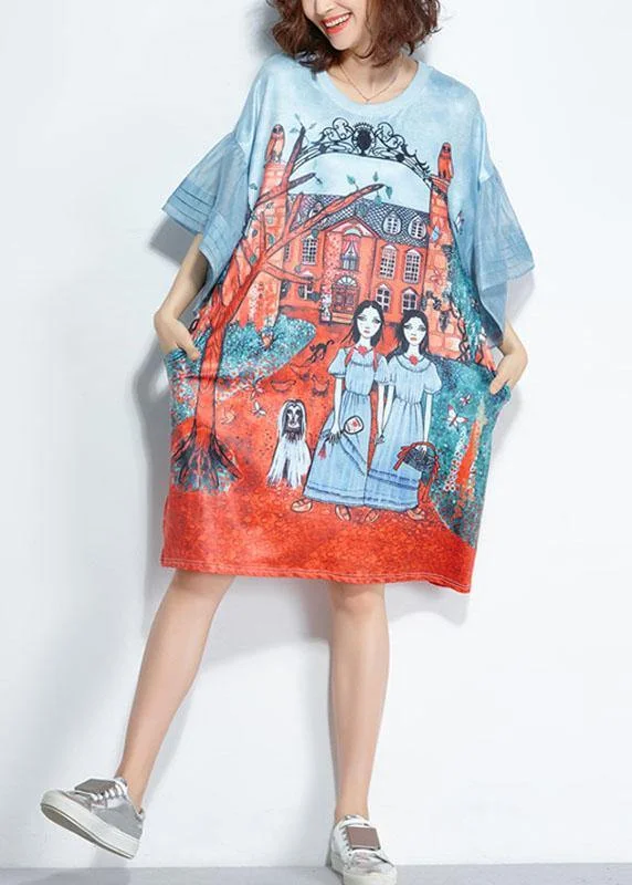 Unique Blue O-Neck Pockets Print Summer Flare Sleeve Party Dress Turtleneck Warm Winter Unique Blue O-Neck Pockets Print Summer Flare Sleeve Party Dress Turtleneck Warm Winter